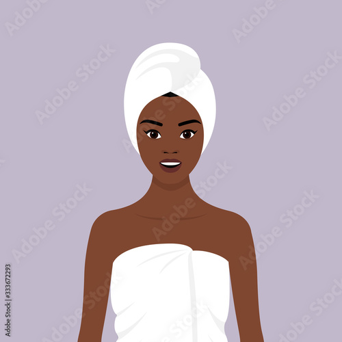 A young girl wrapped in a towel, with a towel on her head. Stock vector flat illustration. The concept of self-care for the skin of the face