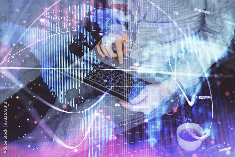 Double exposure of businessman working on laptop on background. International business hologram in front. Concept of success. Double exposure of businessman working on laptop on background. International business hologram in front. Concept of success.