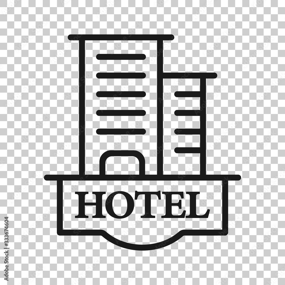 Hotel sign icon in flat style. Inn building vector illustration on white isolated background. Hostel room business concept. Hotel sign icon in flat style. Inn building vector illustration on white isolated background. Hostel room business concept.