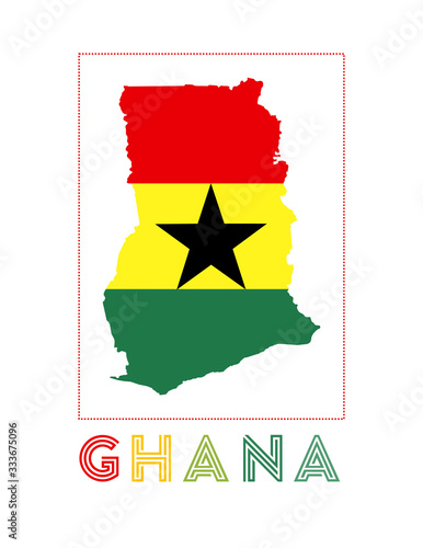 Ghana Logo. Map of Ghana with country name and flag. Modern vector illustration.