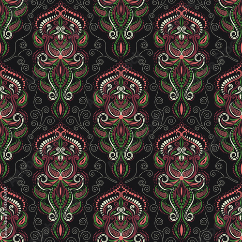 Paisley seamless elegant pattern in vector. The color pattern of brown and green on a black background fabric