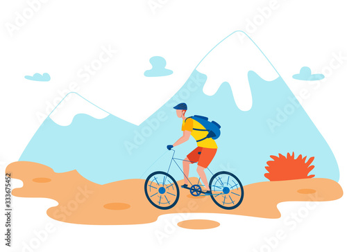 Backpacker Riding Bicycle Flat Vector Character. Tourist on Bike in Wilderness Area, Enjoying Nature Landscape Cartoon Illustration. Mountain Biking Extreme Sport, Hiking Holiday Vacation © Mykola
