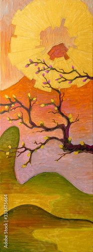 An oil painting of a sakura blossoms, the golden sun and the mount Fuji in a background. (ID: 333675664)