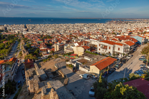  Byzantine wall at acropolis and cityscape of Thessaloniki