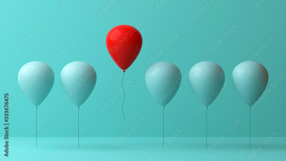 Stand out from the crowd and different concept , One red balloon flying away from other green balloons on light green pastel color wall background with reflections and shadows . 3D rendering Stand out from the crowd and different concept , One red balloon flying away from other green balloons on light green pastel color wall background with reflections and shadows . 3D rendering