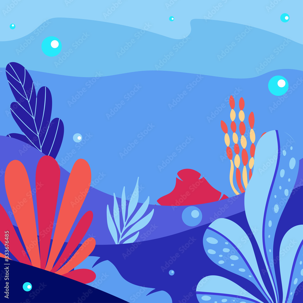 Abstract sea underwater background with copy space for text. Merine ocean life. Vector illustration of undersea life