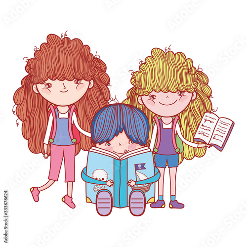 little girls and boy with books cartoon isolated design
