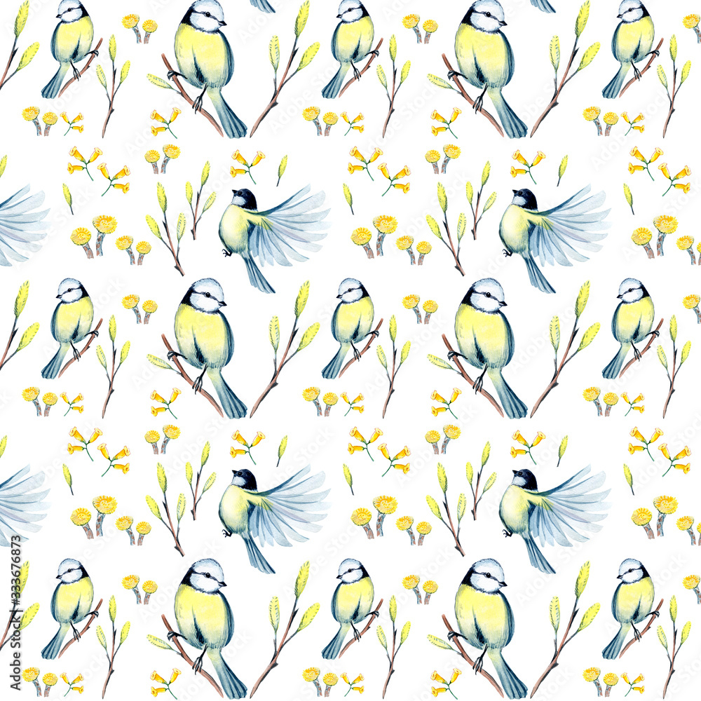 watercolor seamless pattern with spring flowers and titmouse watercolor seamless pattern with spring flowers and titmouse