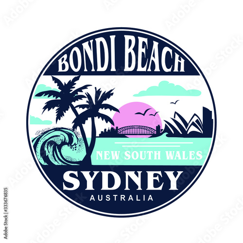 Sydney beach illustration with surf typography