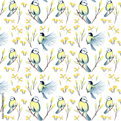 watercolor seamless pattern with spring flowers and titmouse