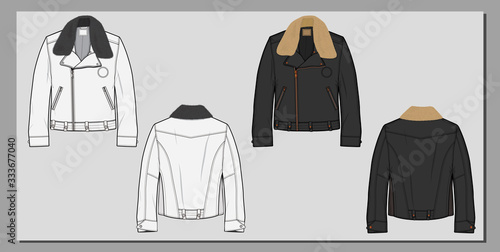 Biker sport perfecto jacket sketch with detachable fur collar. Motor clothing. Fashion flat illustration.	
