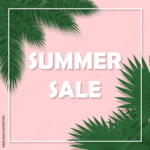 Poster with the words - Summer sale. Color vector illustration with tropical leaves. flat style. for promotion of cosmetic, fashion, accessorize etc. The inscription in a frame on a pink background