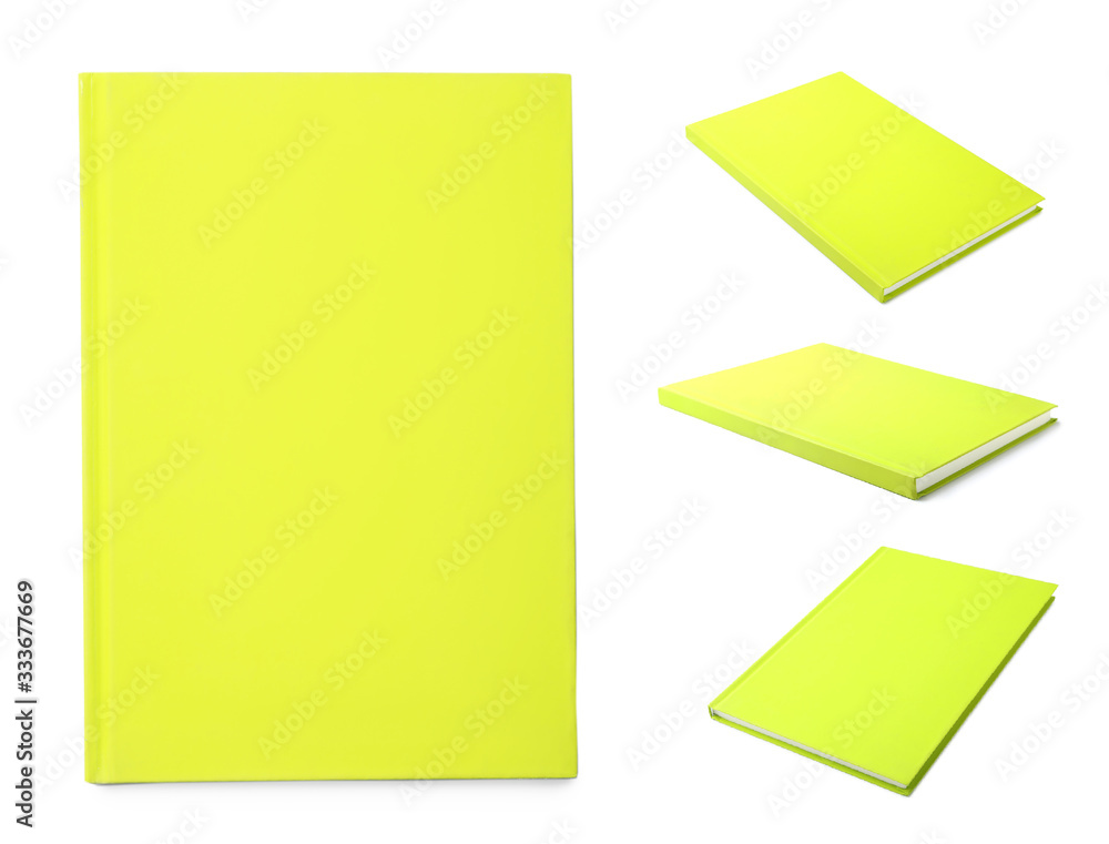 Set of yellow notebooks on white background Set of yellow notebooks on white background