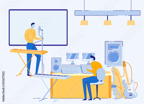 Sound Engineer Recording Musician Performance Working in Studio. Artist Playing on Synthesizer and Singing Song to Microphone, Producer Work on Equalizer Soundboard. Cartoon Flat Vector Illustration