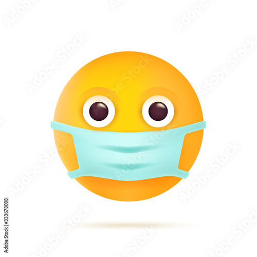 Emoticon with medical mask. Coronavirus Emoji Character Symbol. COVID-19 Pandemic 3D Virus Icon. Modern Flat Vector Illustration. Eps 10