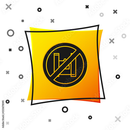 Black Say no to plastic bags poster icon isolated on white background. Disposable cellophane and polythene package prohibition sign. Yellow square button. Vector Illustration