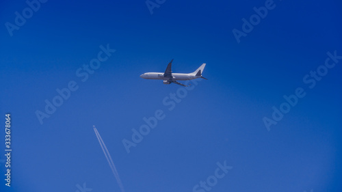 Airplane taking off into the blue sky