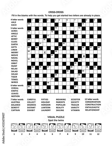 Puzzle page with two puzzles: 19x19 criss-cross (fill-in) crossword word game (English language) and visual puzzle with whimsical faces. Black and white, A4 or Letter sized. 