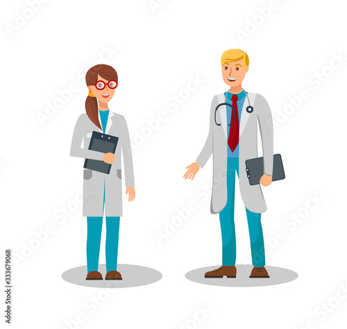 Medical Workers Color Vector Illustration. Young Man with Stethoscope, Woman with Clipboard. Therapists, Physicians, Surgeons, Pediatricians Isolated Cartoon Characters Set. Hospital, Clinic Staff