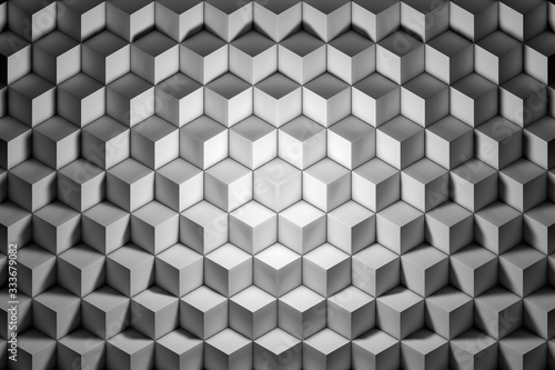 Honeycombs. Background abstract minimalistic black / white texture with many rows of volumetric cubes lying in the light. Animation. Mobile briquette silver wall