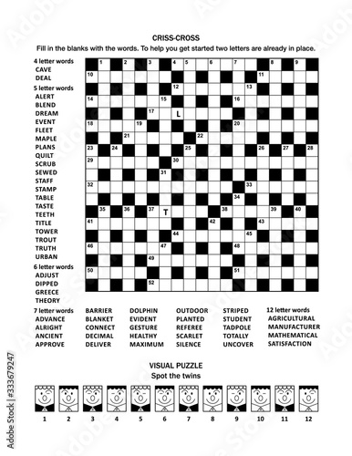 Puzzle page with two puzzles: 19x19 criss-cross (fill-in) crossword word game (English language) and visual puzzle with whimsical faces. Black and white, A4 or Letter sized. 