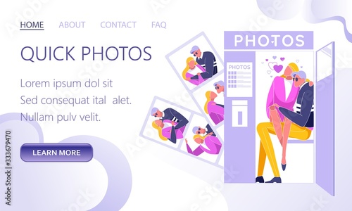 Making Quick Photos Website. Couple in Photo Booth Cabin and Taking Photos Flat Cartoon Vector Illustration. Man and Woman in Different Positions. Memories for Boyfriend and Girlfriend.