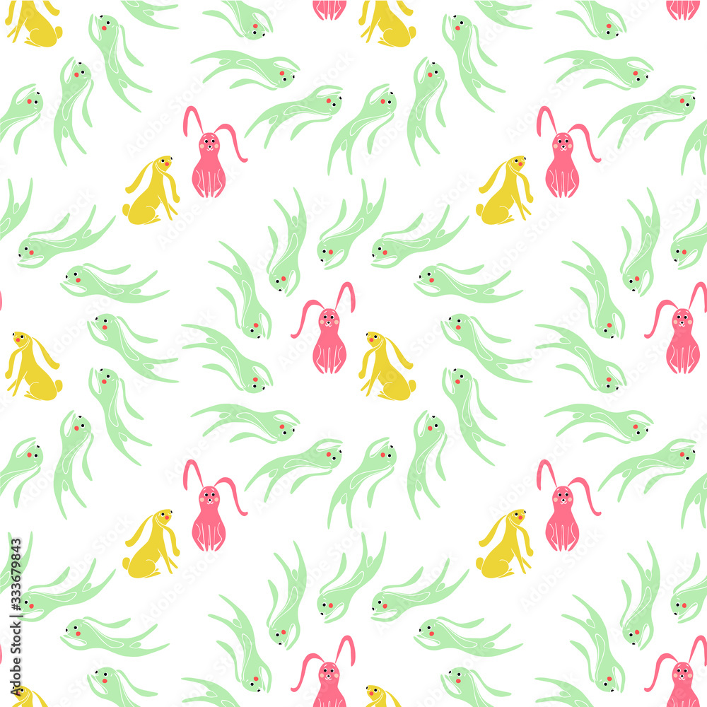 Cartoons hare seamless pattern. Funny yellow, grey, red bunny, flower on white for web, for print, for cover