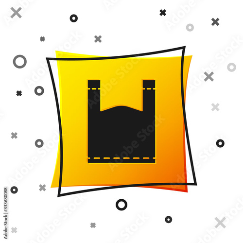 Black Plastic bag icon isolated on white background. Disposable cellophane and polythene package prohibition sign. Yellow square button. Vector Illustration