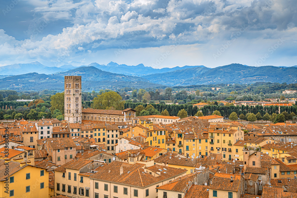 Wide angle view of roofs in old town of Lucca, Italy