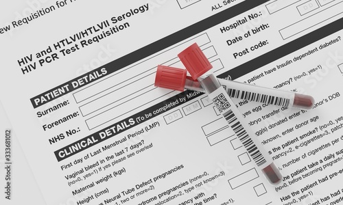 Blood test tube on a request form. 3d rendering - illustration. photo