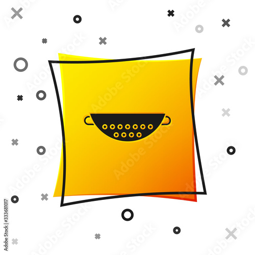 Black Kitchen colander icon isolated on white background. Cooking utensil. Cutlery sign. Yellow square button. Vector Illustration