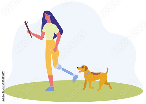 Cartoon Woman with Prosthetic Leg Run in Park Vector illustration. Girl with Prosthesis Play Stick with Dog. Medical Rehabilitation, Handicapped Person Sport Training, Service Animal Help