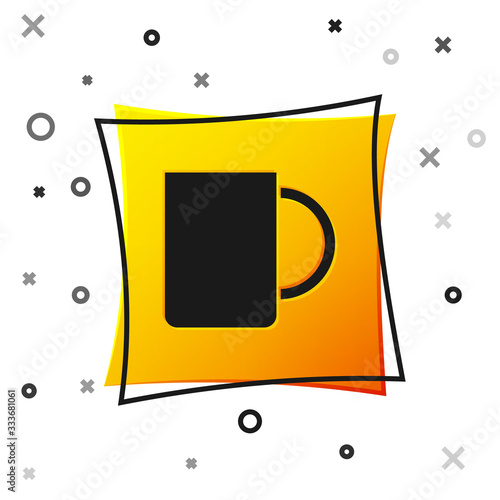 Black Coffee cup icon isolated on white background. Tea cup. Hot drink coffee. Yellow square button. Vector Illustration