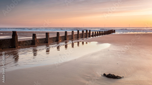 Landscape view of Sunrise at Blyth Beach on the coast of the county of Northumberland, England, UK.