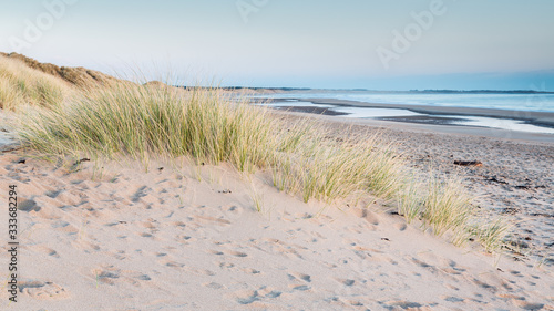 View of Druridge Bay Beach, an area of outstanding natural beauty on the coast of Northumberland, England, UK. At dawn in early morning light.