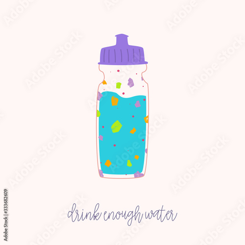 Hand-drawn vector of water bottles with slogan. Abstraction shapes.