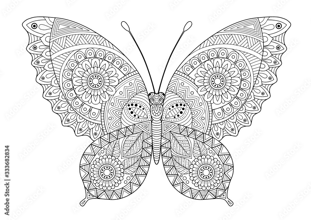 Vector black and white image of a butterfly on white background. Hand ...
