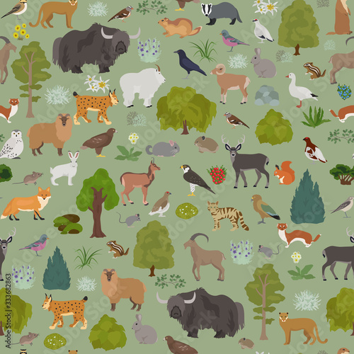 Apine tundra biome, natural region seamless pattern. Terrestrial ecosystem world map. Animals, birds and plants design set