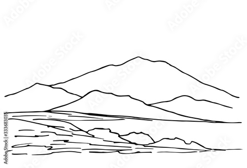 Hand-drawn simple vector drawing. The contour of the mountains on the horizon, hills, stones, panoramic landscape, rocky terrain. Tourism, travel, mountaineering. Wildlife of mountainous countries.