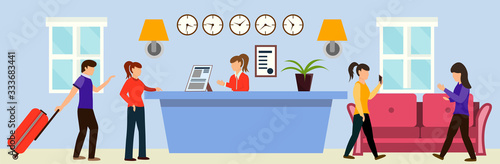 Cartoon Couple with Suitcase at Hotel Reception Desk. Hotel Hall Interior. Woman Receptionist Welcome Guest at Registration Table Vector Illustration. Room Reservation Service. Travel Vacation Holiday
