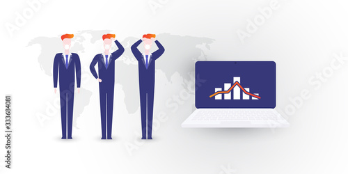 Global Economic Downfall Caused By the Coronavirus - Design Concept with Chart on a Computer Screen with Uncertain Businessmen Discussing the Best Possible Ways Going Forward