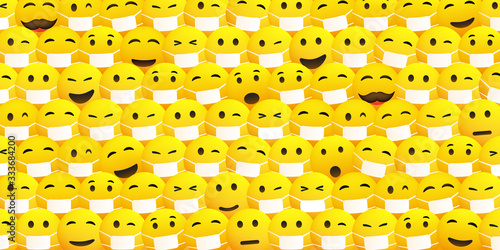 Pattern Background with Various Yellow Emoticons With and Without Medical Masks - Vector Design