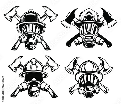 Set of firemans in a gas mask in a helmet. Collection profession for saving people from fire and difficult situations. Black and white silhouettes of a man. Vector illustration for a fire brigade.