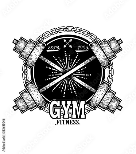 GYM vintage logo two barbel on white background-vector