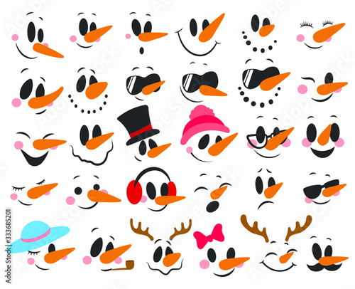 Set of faces of snowmen. Collection of cartoon cute faces of snowmen. Set of snowmen in glasses. Vector illustration for children.