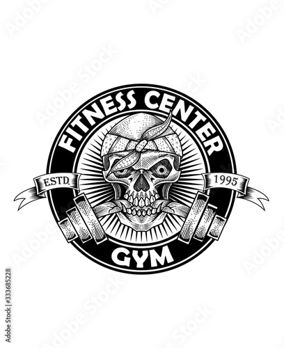 GYM skull vintage logo with barbel on white background-vector