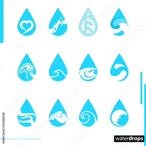 Set of water splashes and drops. Flat blobs. Logo, sign, label. Eco water, natural product, organic, oil, blue water, liquid. Water Icon Set. Vector Illustration