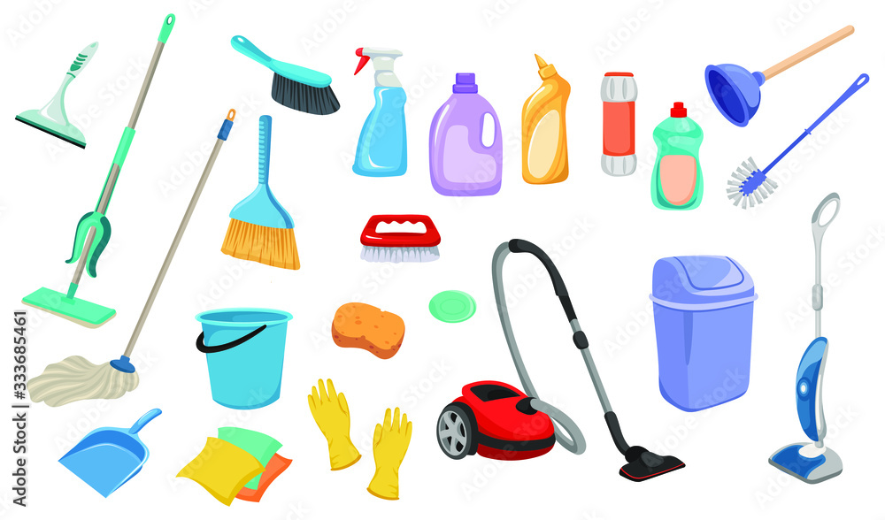 Set of items for cleaning. Collection of household tools and detergents.  Color illustration of household cleaning products. Inventory for a cleaning  company. Stock Vector