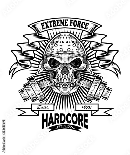 GYM skull vintage logo with barbel on white background-vector