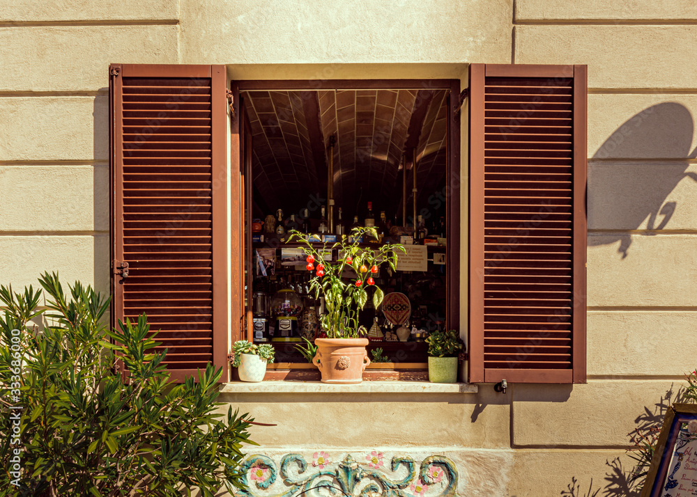 An open bar window with shutters and a chilli plant soaking up the hot afternoon sun on the window sill, Numana, Italy